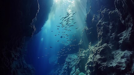 A breathtaking underwater cliff, with schools of fish darting in and out of the rocky crevices, illuminated by shafts of sunlight from above
