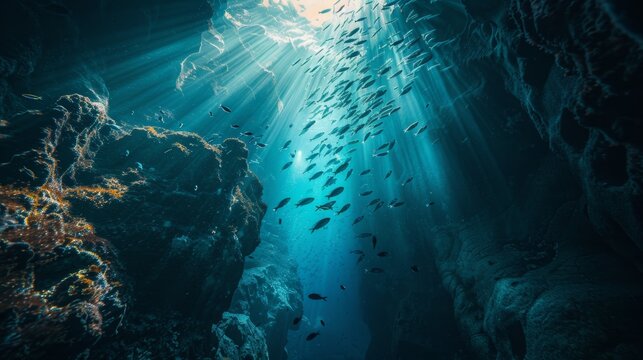 A breathtaking underwater cliff, with schools of fish darting in and out of the rocky crevices, illuminated by shafts of sunlight from above