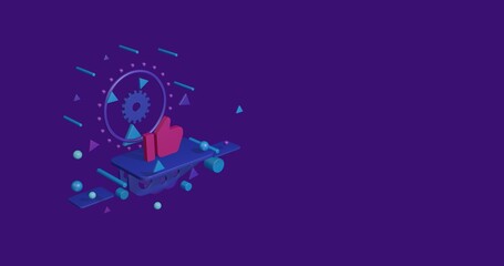 Pink thumb up symbol on a pedestal of abstract geometric shapes floating in the air. Abstract concept art with flying shapes on the left. 3d illustration on deep purple background