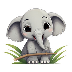 Adorable Cartoon Baby Elephant Sitting on Grass Holding a Stick - Cute Animal Illustration for Children's Books, Educational Materials, and Nursery Decor
