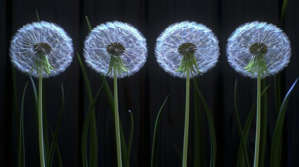  Three dandelions sit closely on a verdant grassy field, contrasting against a black backdrop of a wooden fence behind