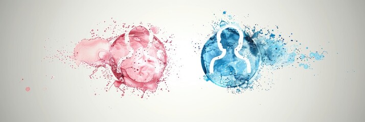 Abstract artistic illustration of male and female profiles in pink and blue watercolor splashes, symbolizing gender and diversity.