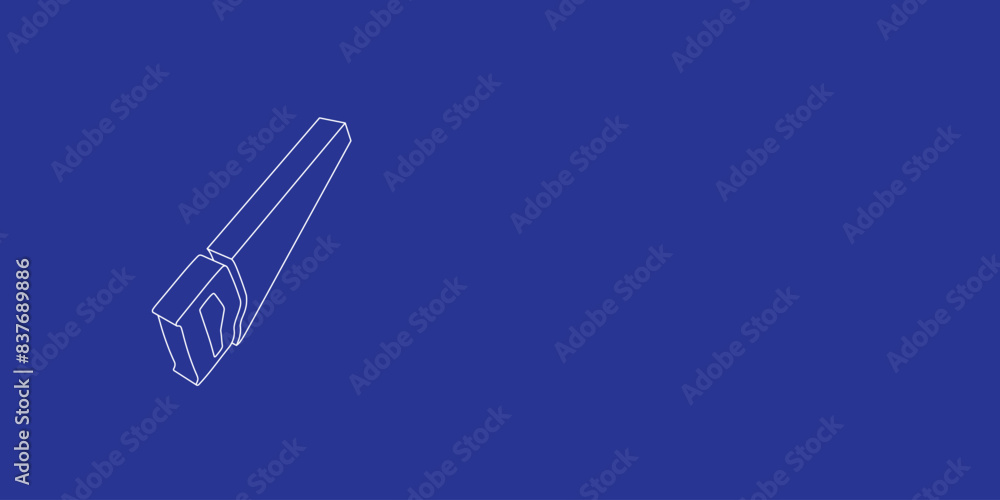 Poster the outline of a large hand saw symbol made of white lines on the left. 3d view of the object in per