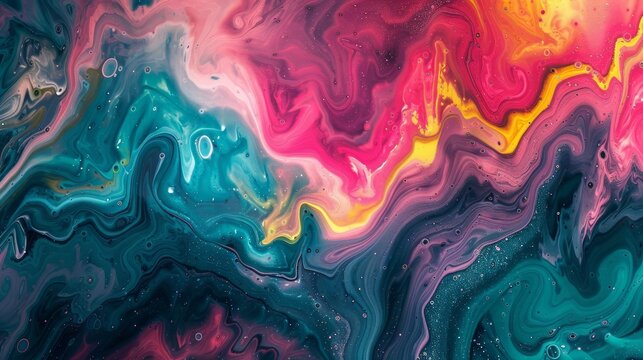 fluid art with a vibrant mix of neon colors. Bright pinks, greens, and blues swirl together in dynamic patterns