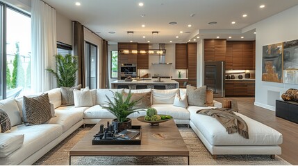 Fototapeta premium Modern Home Interior: Showcase the elegance and comfort of a modern home interior, focusing on stylish furniture, decor, and the overall ambiance.