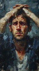 Man Holding His Head In Pain Oil Painting Portrait