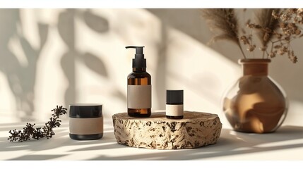 Ego-friendly cosmetics packaging mockup. Natural cosmetics for skin care. Blank craft label. Eco care product. Light background with leaves