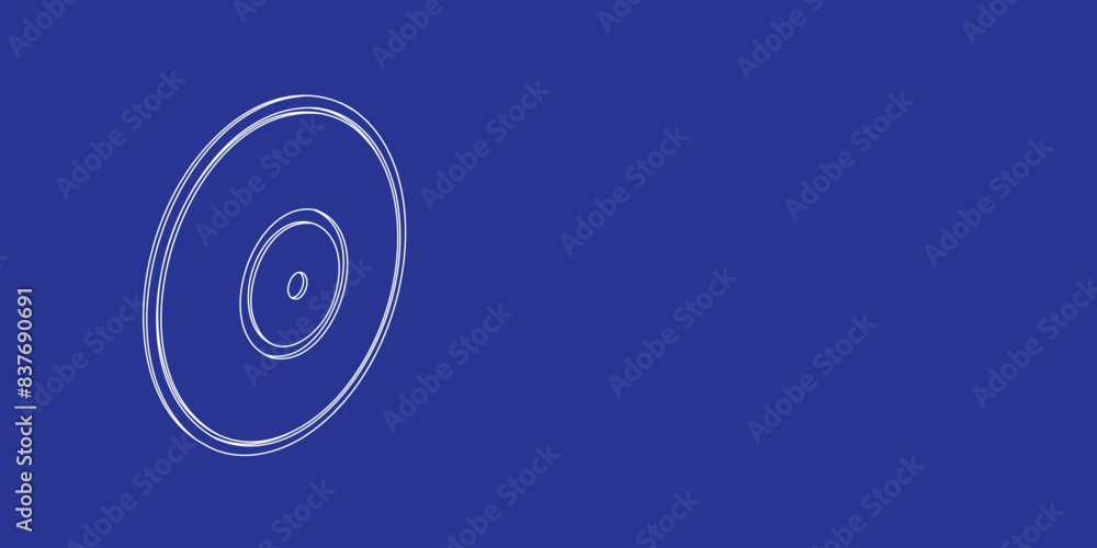 Poster the outline of a large gramophone record symbol made of white lines on the left. 3d view of the obje