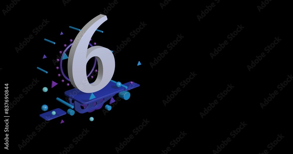 Poster white number six symbol on a pedestal of abstract geometric shapes floating in the air. abstract con