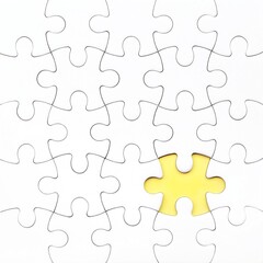 Incomplete jigsaw puzzle with one missing piece on a yellow background, symbolizing incompleteness, imperfection, mistery or loss