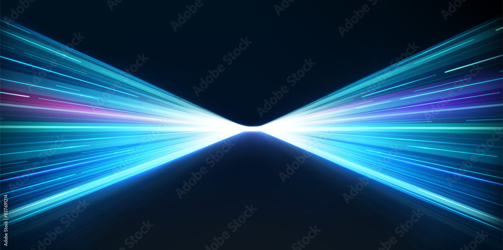 Poster high speed movement of light speed lines of blue color. glowing futuristic template of speed, wirele