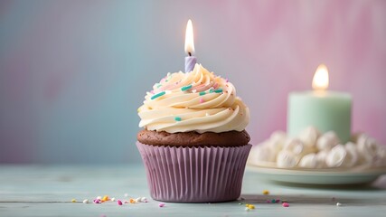 A delicious birthday cupcake topped with frosting and a single candle, placed on a table with a gentle, pastel background.