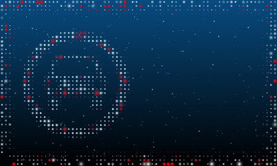 On the left is the no car symbol filled with white dots. Pointillism style. Abstract futuristic frame of dots and circles. Some dots is red. Vector illustration on blue background with stars