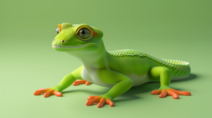 A striking geometric lizard rendered in vivid green tones, positioned dynamically on a matching green background.