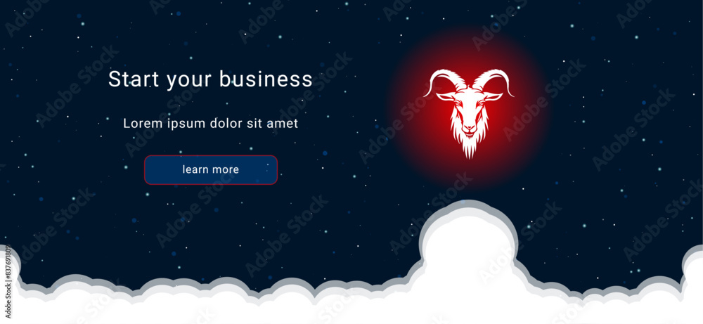 Poster business startup concept landing page screen. the goat symbol on the right is highlighted in bright 