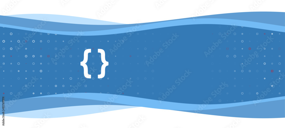 Poster blue wavy banner with a white curly brackets symbol on the left. on the background there are small w