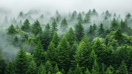 Fototapeta premium A forest teeming with numerous green trees shrouded in dense fog, with low-lying clouds adding to the obscurity in the foreground
