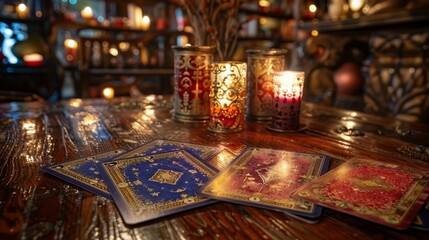 Enigmatic Tarot Card Spread: Mystical Symbols in Ethereal Ambiance