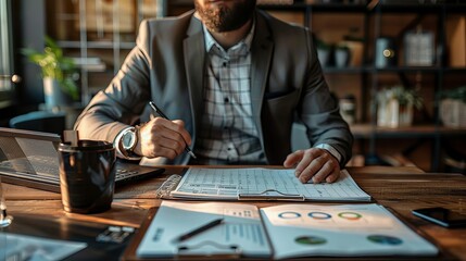 Efficient time management, professional using planner and digital tools, organized workspace