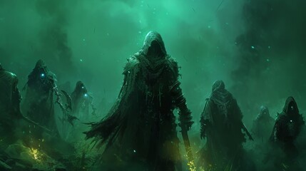 Malevolent Necromancer Conjouring Undead Minions in Creepy Atmosphere with Glowing Eyes