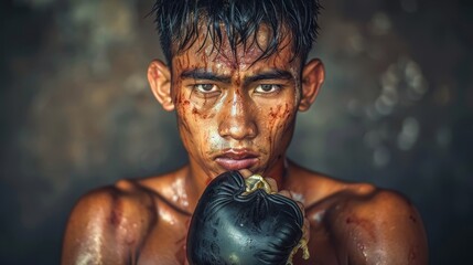  A tight shot of a young man with a boxing glove pressed against his face, leaving dirt smudges Dirt covers his face extensively, and his left hand bears similar gr