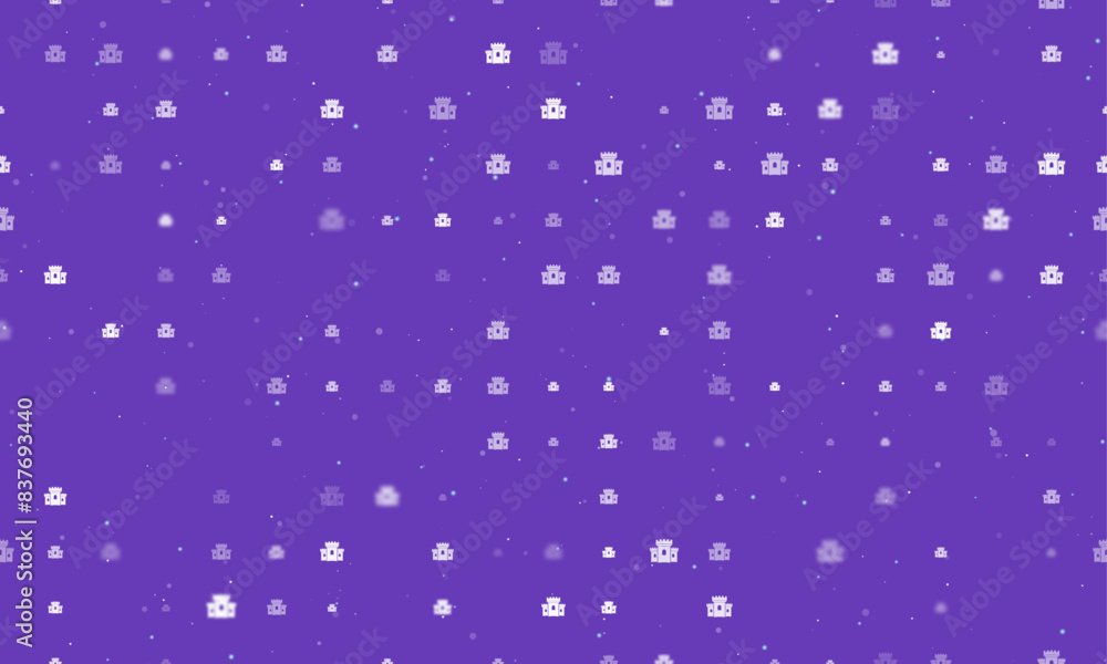 Poster seamless background pattern of evenly spaced white castle symbols of different sizes and opacity. ve