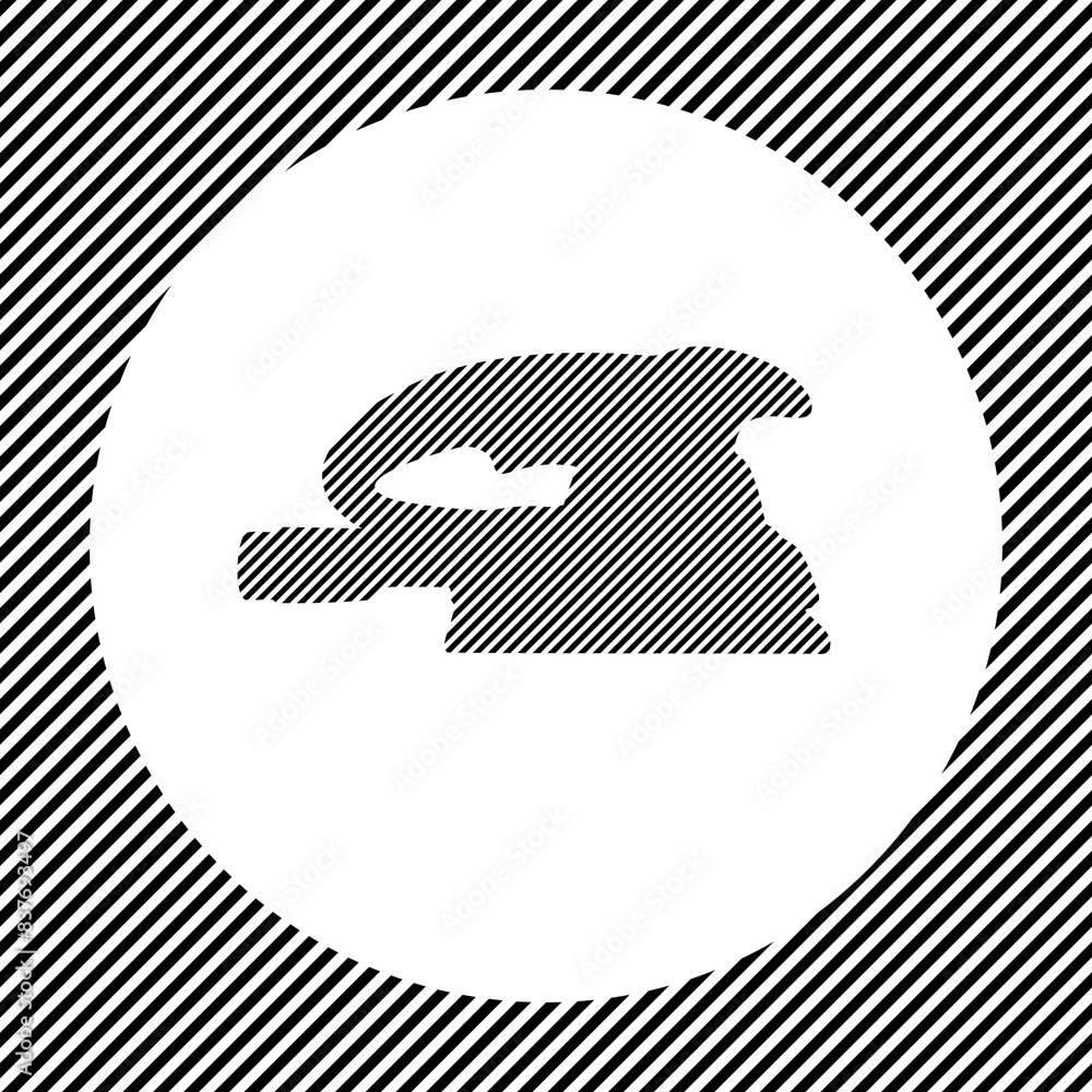 Poster a large sanding machine symbol in the center as a hatch of black lines on a white circle. interlaced