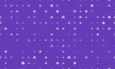 Seamless background pattern of evenly spaced white castle symbols of different sizes and opacity. Vector illustration on deep purple background with stars
