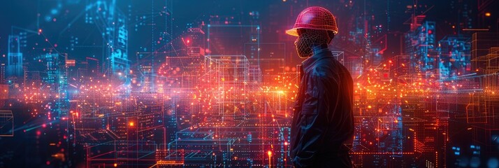 Engineer in a hard hat observing a digital hologram of a futuristic cityscape, blending technology with urban planning.