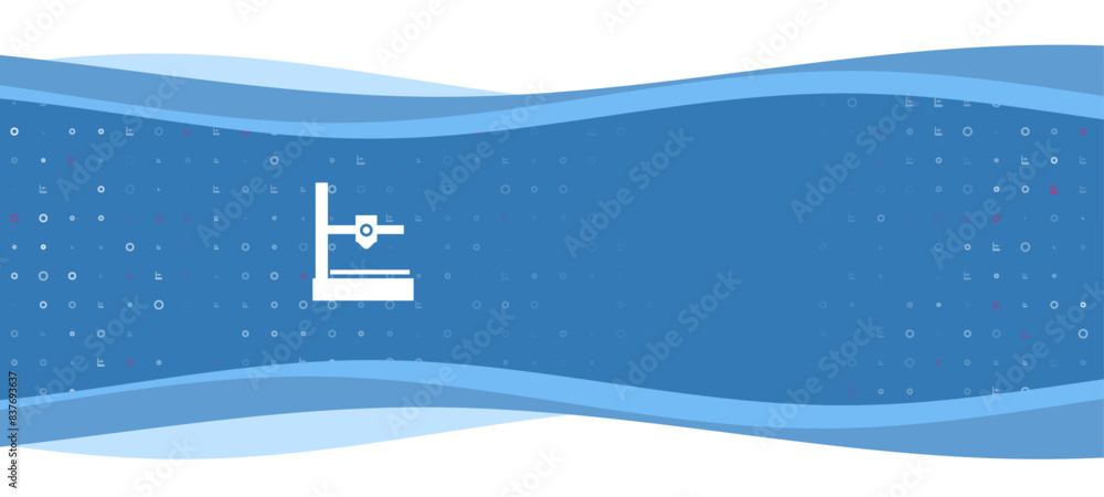 Poster blue wavy banner with a white small 3d printer symbol on the left. on the background there are small