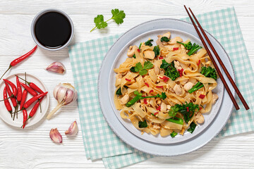 rice noodles with chicken, eggs, chinese broccoli