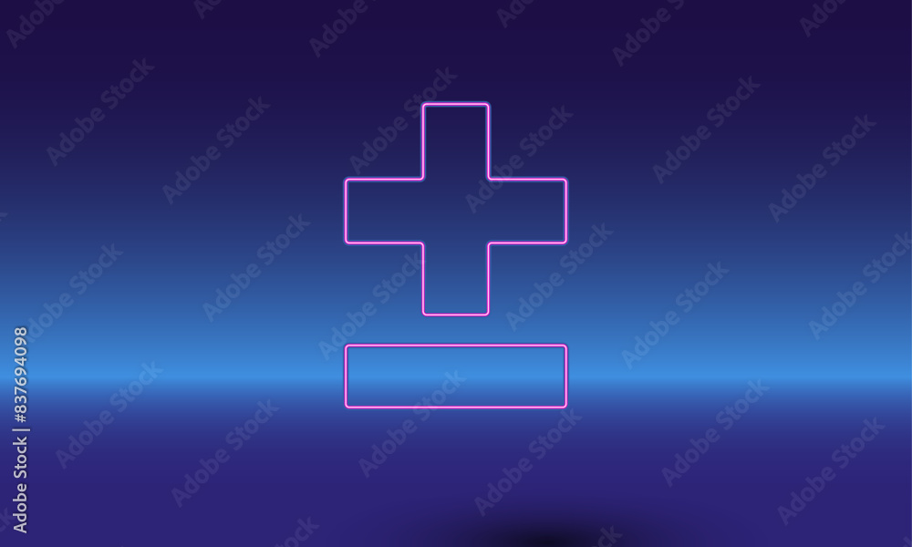 Poster neon plus–minus symbol on a gradient blue background. the isolated symbol is located in the bottom c