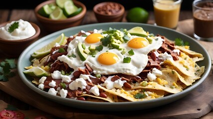 Chilaquiles with a mix of red and green sauces, topped with scrambled eggs, sour cream, and a side of frijoles.