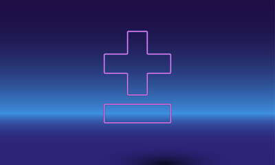 Fototapeta premium Neon plus–minus symbol on a gradient blue background. The isolated symbol is located in the bottom center. Gradient blue with light blue skyline