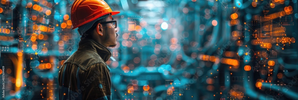 Aufkleber engineer with hard hat inspecting servers in a data center. technology, network infrastructure, and 