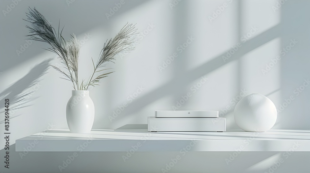 Poster minimalist white table with modern clean background for tech gadget display