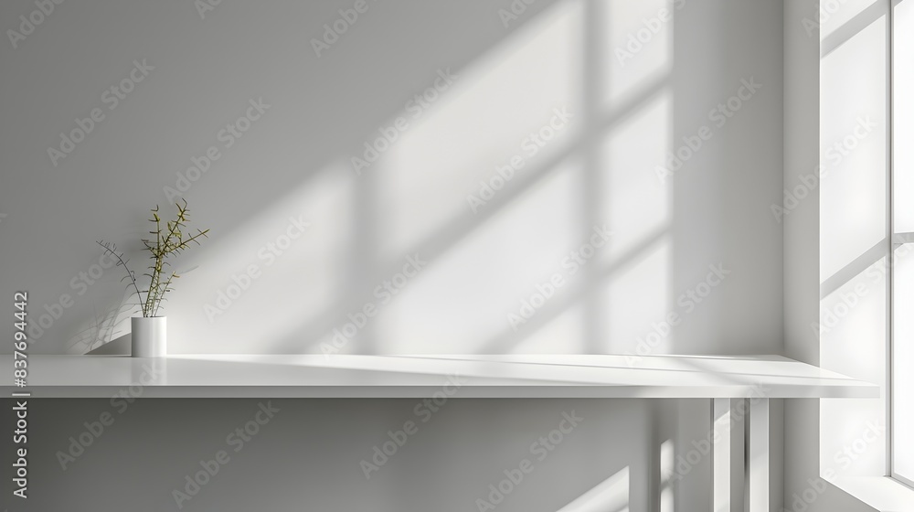 Poster minimalist white table for showcasing tech gadgets in a clean modern setting