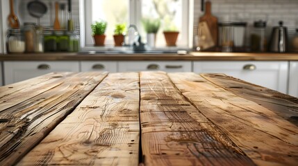 Rustic Wooden Table with Blurred Kitchen Background Ideal for Food and Cooking Product Display