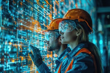 Engineers analyzing futuristic digital interface displaying advanced data for technological innovations in industry.