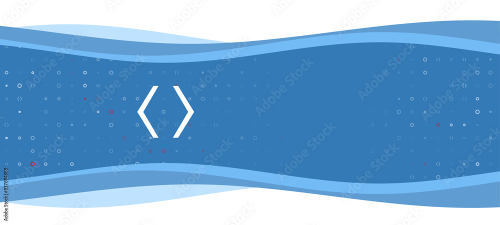 Poster blue wavy banner with a white angle brackets symbol on the left. on the background there are small w