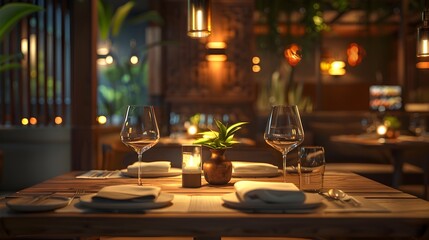 Cozy and Elegant Dining Table in Warmly Lit Restaurant Setting for Product Concept Display