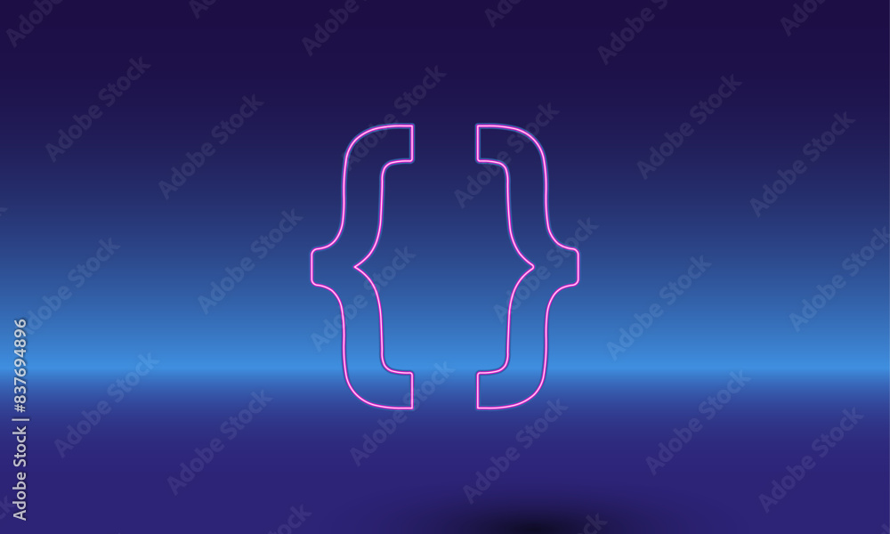 Poster neon curly brackets symbol on a gradient blue background. the isolated symbol is located in the bott