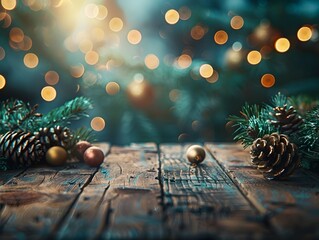 Vintage Festive Table with Pine Cones and Sparkling Bokeh Background for Seasonal Product Display