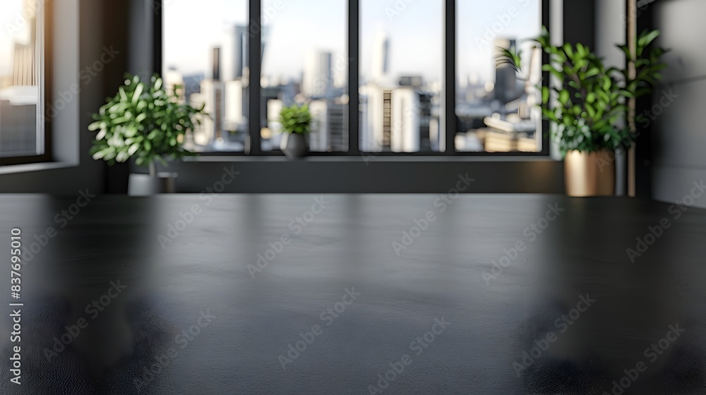 Poster modern black table in a professional office background providing a sophisticated setting for product