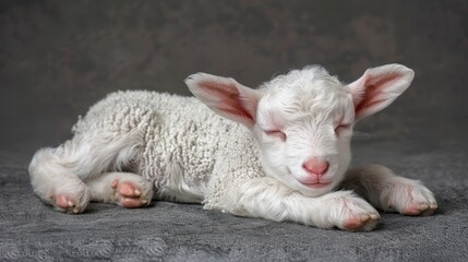 Obraz premium A close-up of a baby sheep resting on a bed, its head on its mother's back, with closed eyes