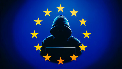 Hacker in dark hoodie using laptop, surrounded by EU stars on a blue background, symbolizing cybercrime, data breach, internet security threats, and privacy issues in Europe.