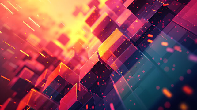 An abstract background with a digital, pixelated look. Use a mix of bright, contrasting colors and sharp, blocky shapes to create a retro, video game-inspired composition.