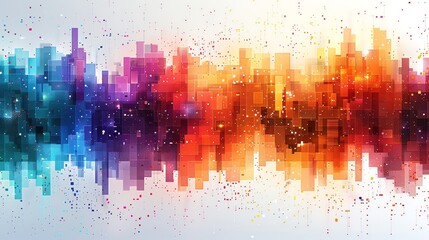 Documentary-style vector illustration of colorful pixel blocks forming an abstract background, with a digital grid pattern of rainbow squares, designed for web, print, and social m