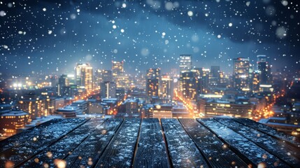 snowfall covers the ground, nearby, a wooden table is present; distant city lights gleam