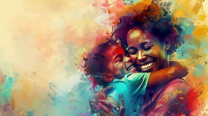 A vibrant, joyful painting of a mother and child embracing, capturing love and happiness through a burst of colorful splashes.